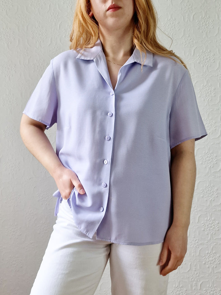 Vintage 90s Lilac Purple Button Down Half Sleeve Blouse - M/L