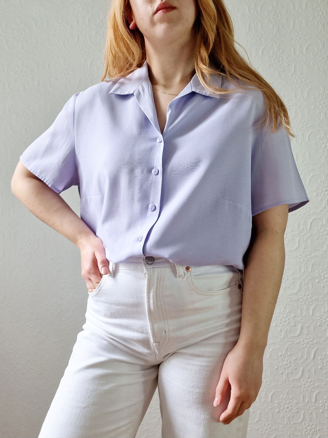 Vintage 90s Lilac Purple Button Down Half Sleeve Blouse - M/L