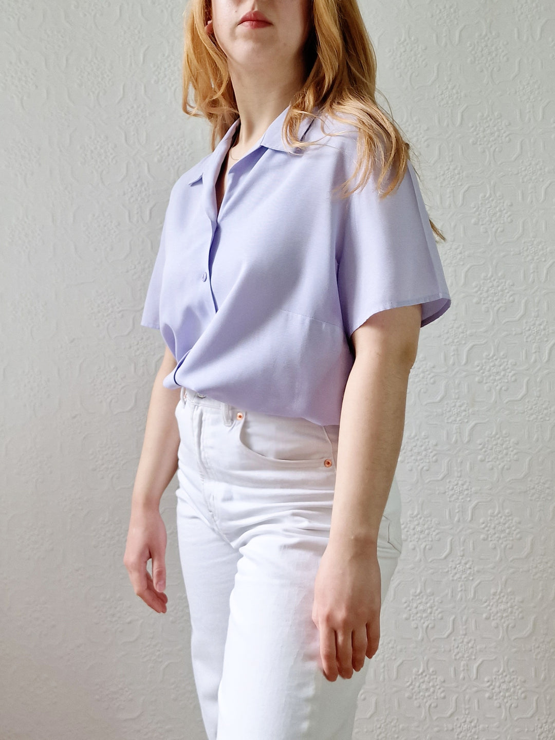 Vintage 90s Lilac Purple Button Down Half Sleeve Blouse - M/L