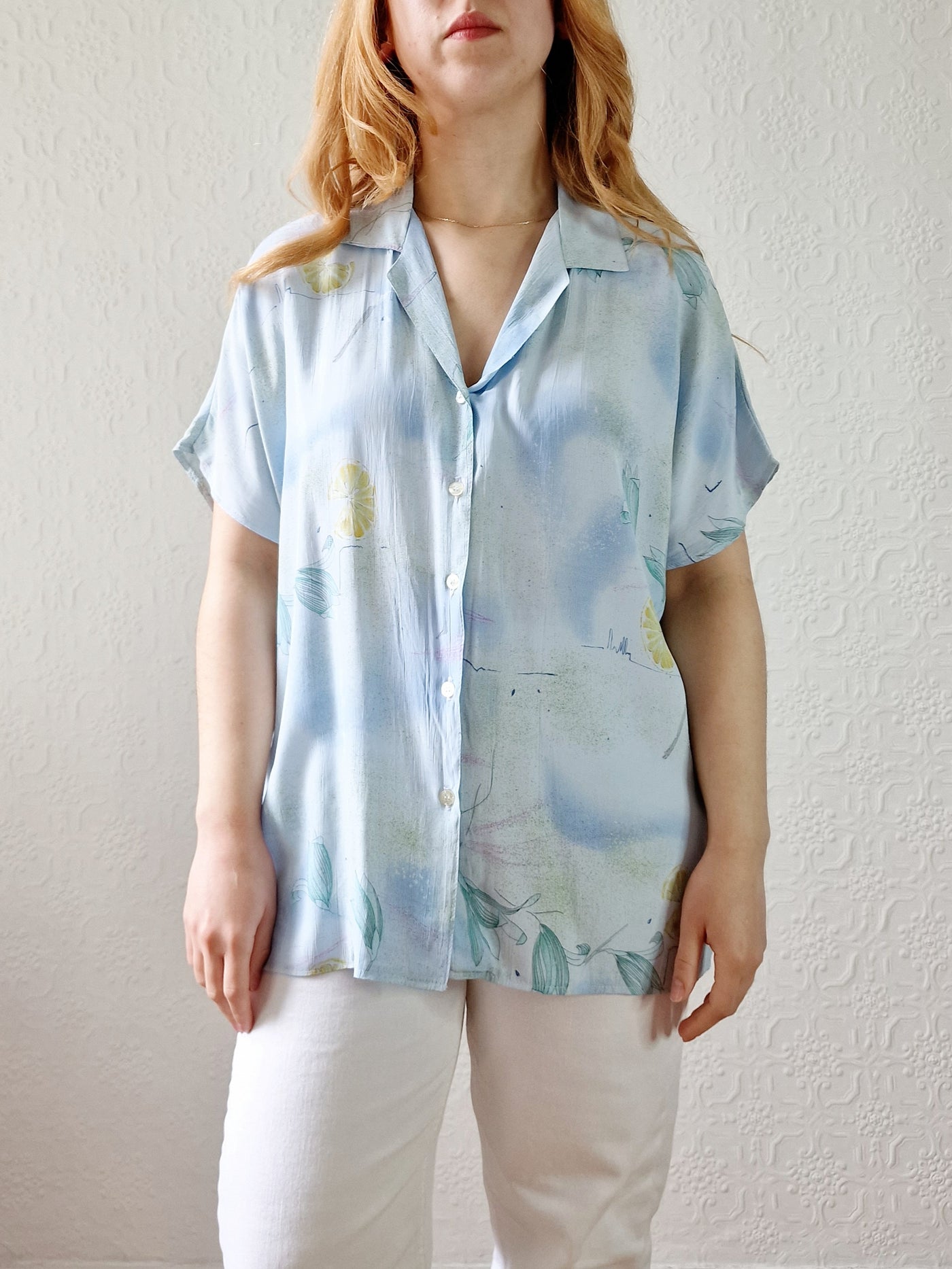 Vintage 80s Light Blue Blouse with Cap Sleeves - M
