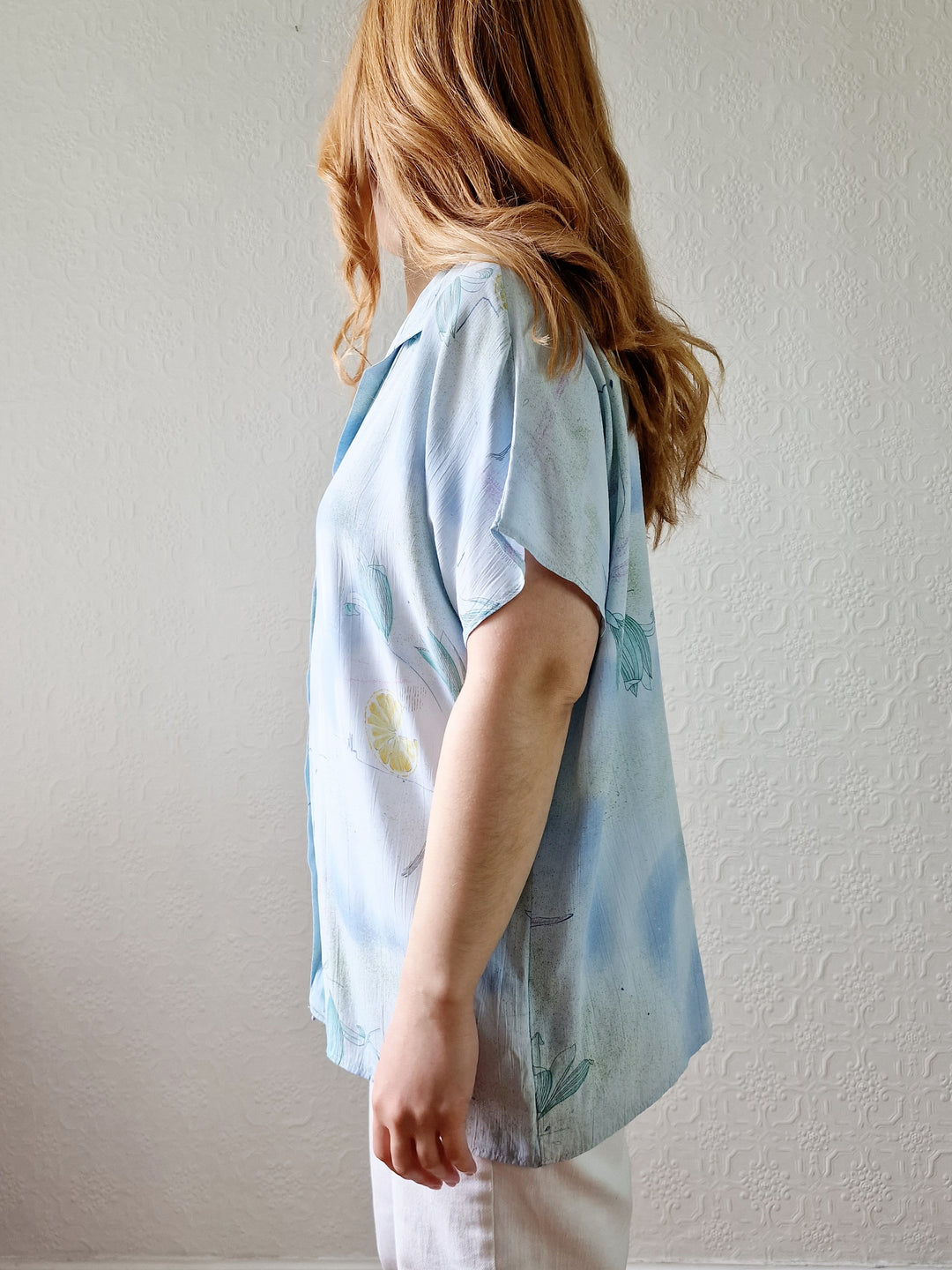 Vintage 80s Light Blue Blouse with Cap Sleeves - M