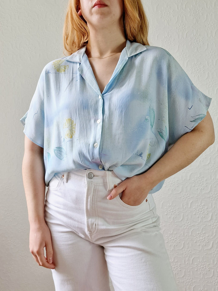 Vintage 80s Light Blue Blouse with Cap Sleeves - M