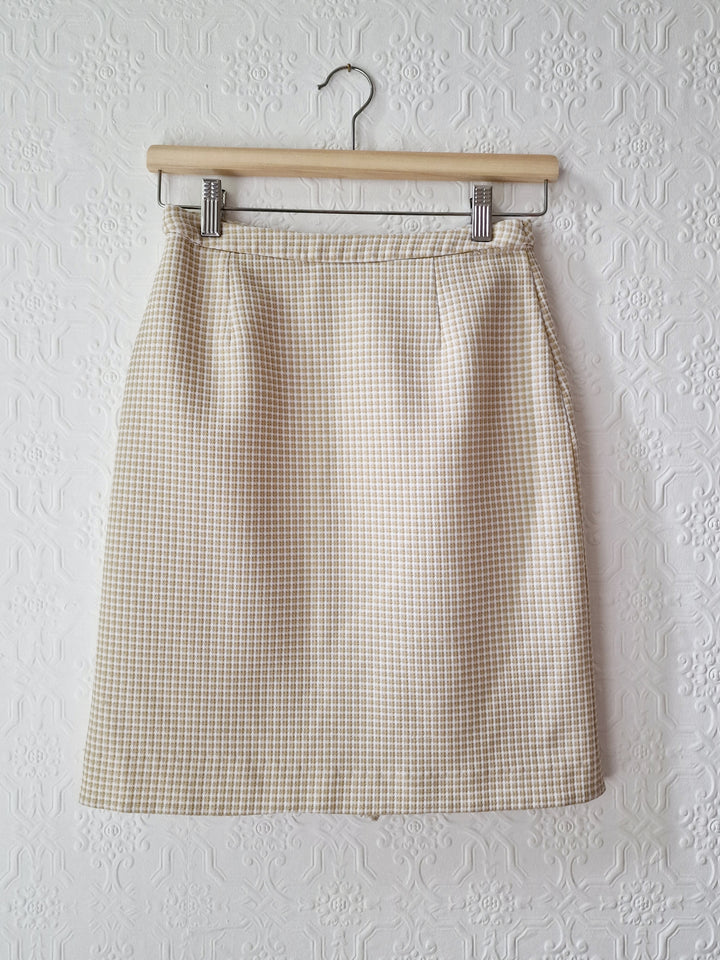 Vintage 90s High Waisted Cream & Beige Houndstooth Skirt - XS