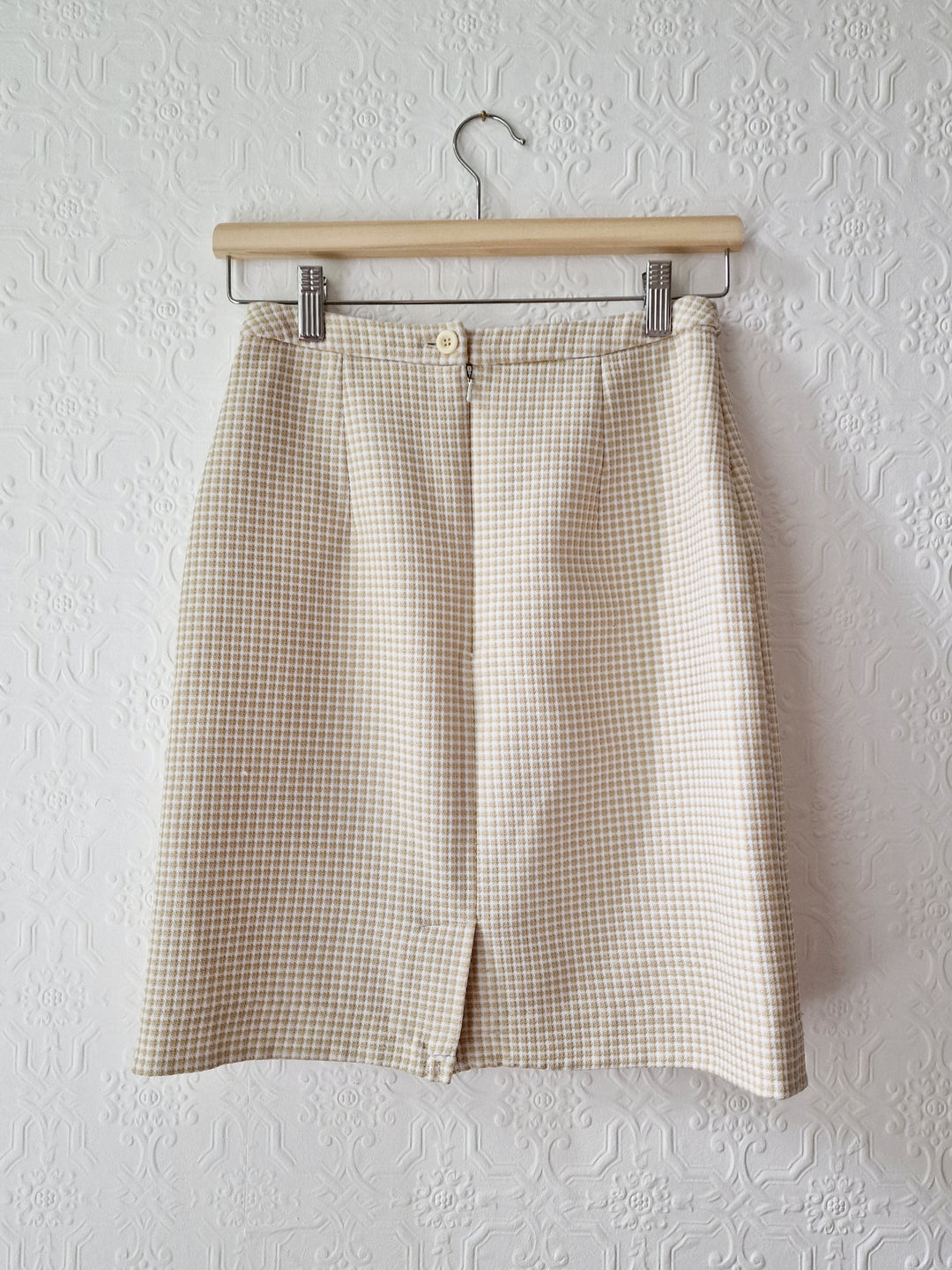 Vintage 90s High Waisted Cream & Beige Houndstooth Skirt - XS