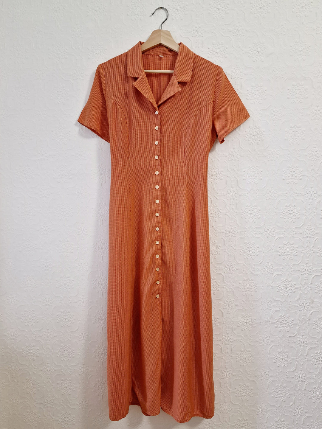 Vintage 90s Orange Gingham Short Sleeve Maxi Dress - S/M