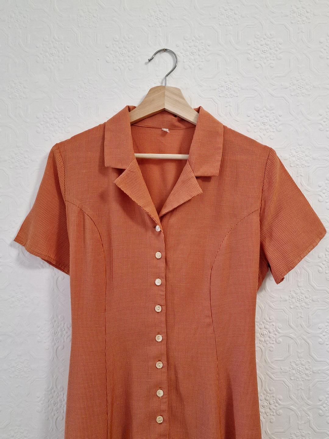 Vintage 90s Orange Gingham Short Sleeve Maxi Dress - S/M