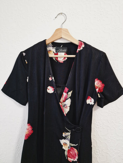 Vintage 80s Black Floral Short Sleeve Wrap Dress - S