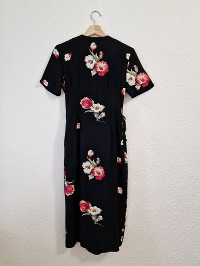 Vintage 80s Black Floral Short Sleeve Wrap Dress - S