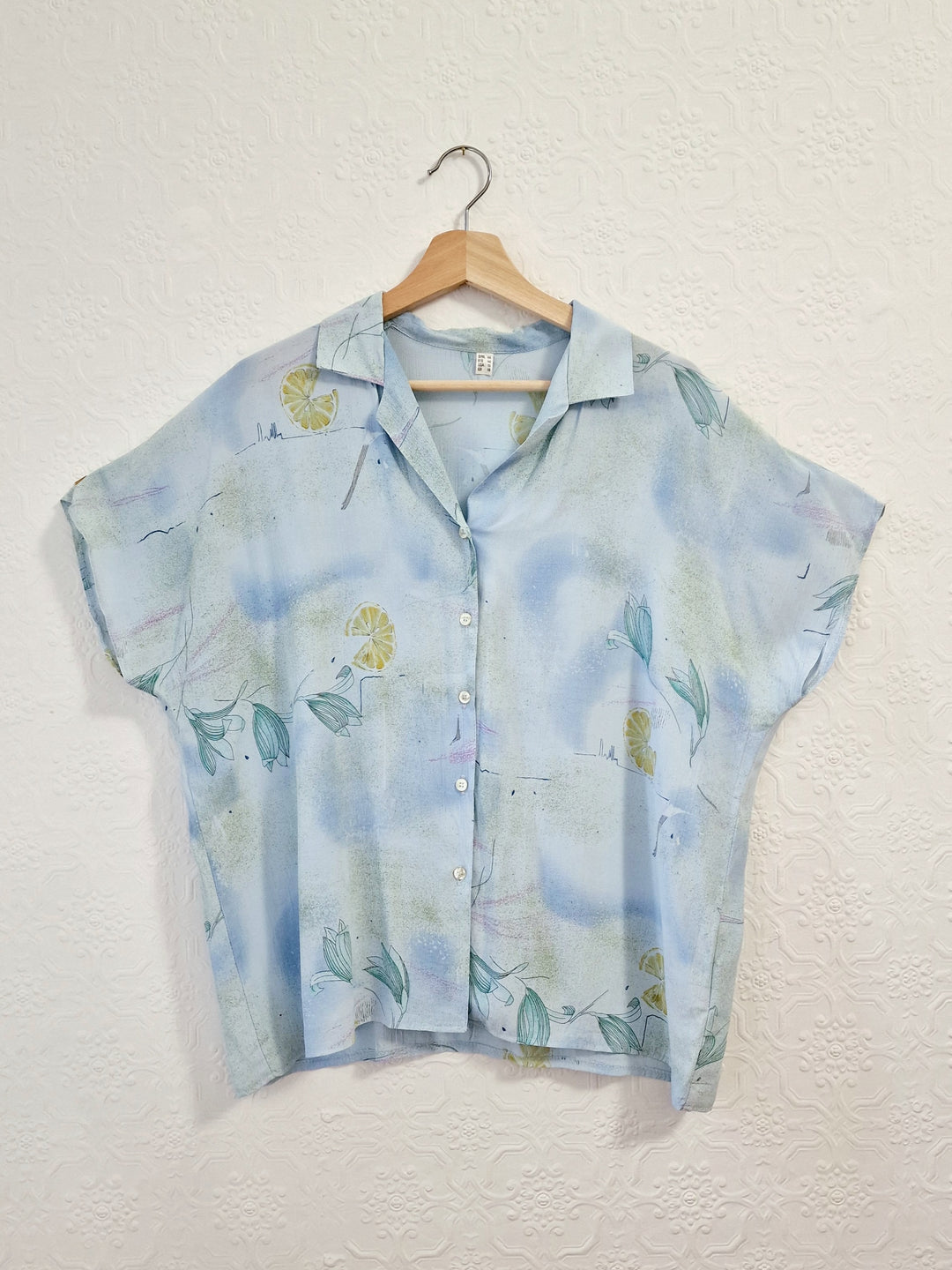 Vintage 80s Light Blue Blouse with Cap Sleeves - M