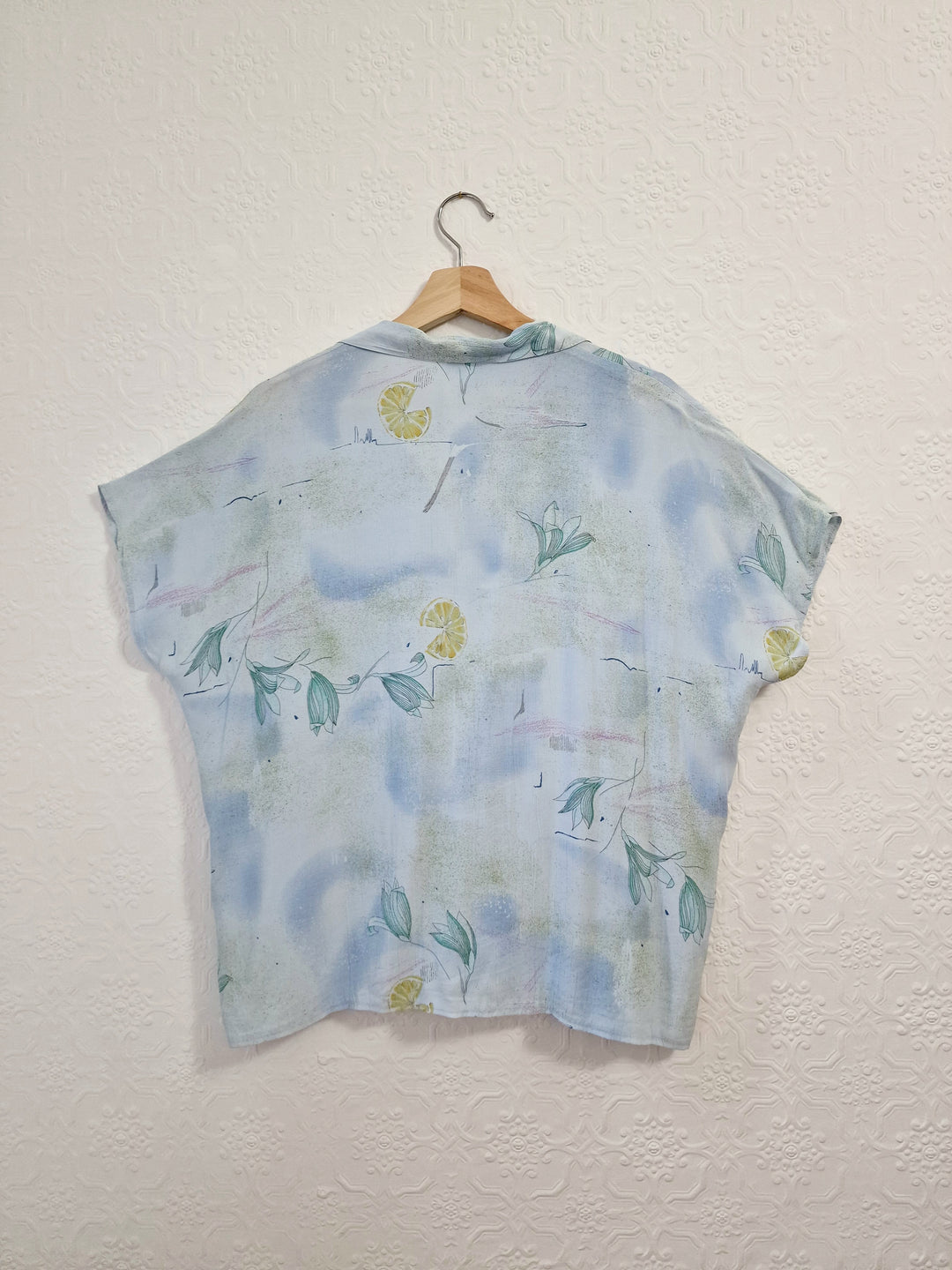 Vintage 80s Light Blue Blouse with Cap Sleeves - M