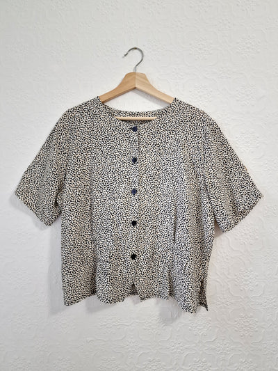 Vintage 80s Black & Beige Abstract Pattern Blouse with Short Sleeves - M