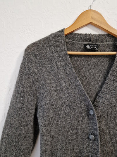Vintage 70s Pure Wool Knitted Dark Grey V-Neck Cardigan - XS