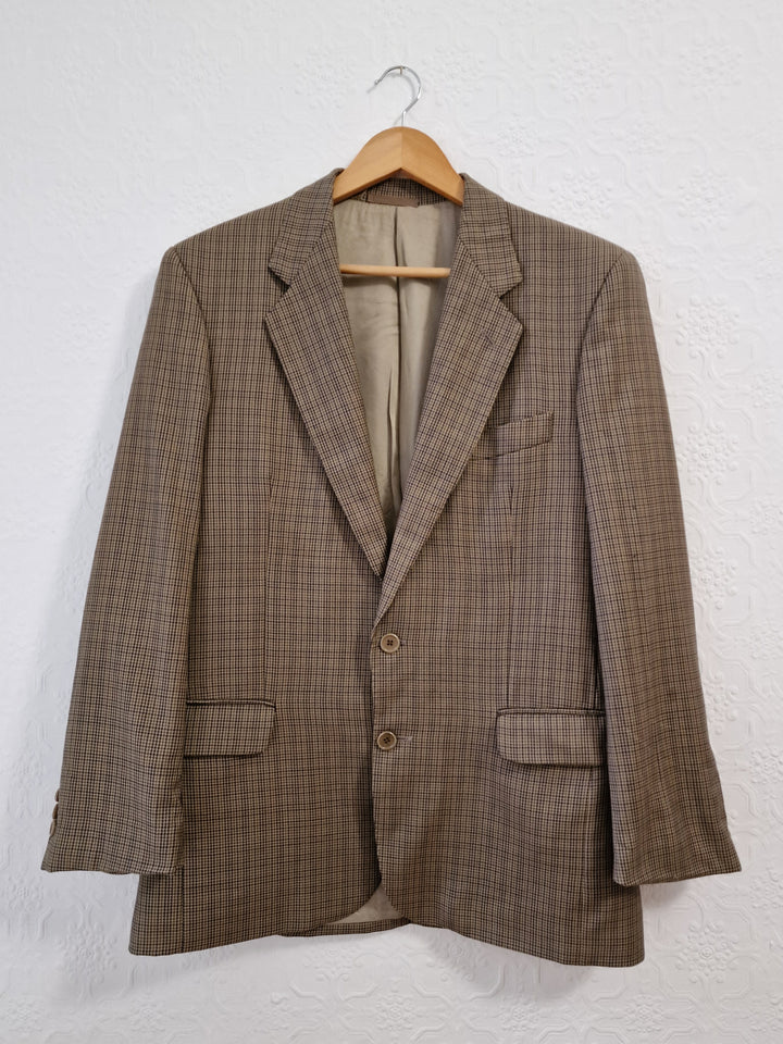 Vintage 80s Khaki Green Houndstooth Wool Blazer - M