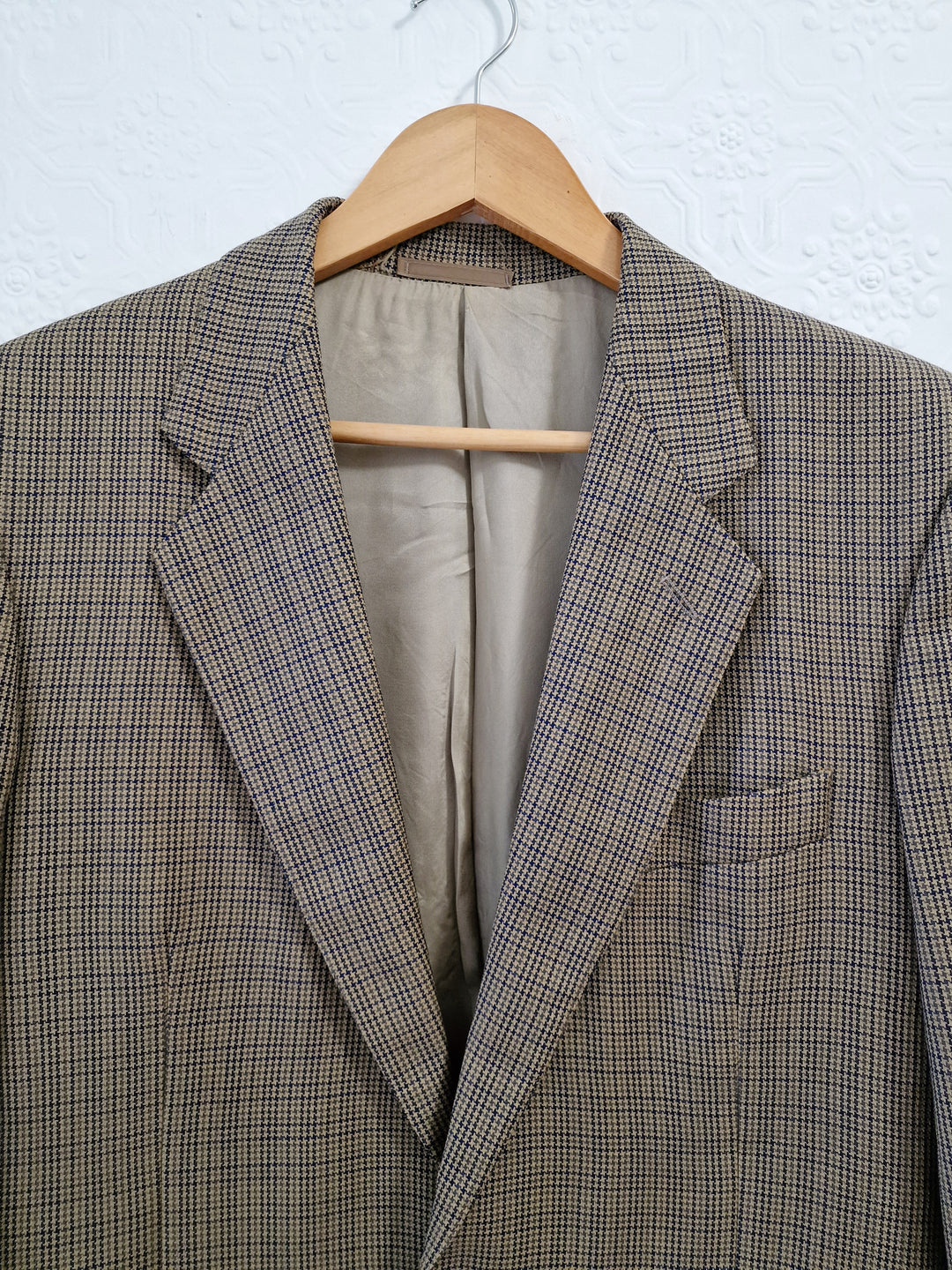 Vintage 80s Khaki Green Houndstooth Wool Blazer - M