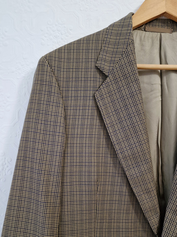 Vintage 80s Khaki Green Houndstooth Wool Blazer - M