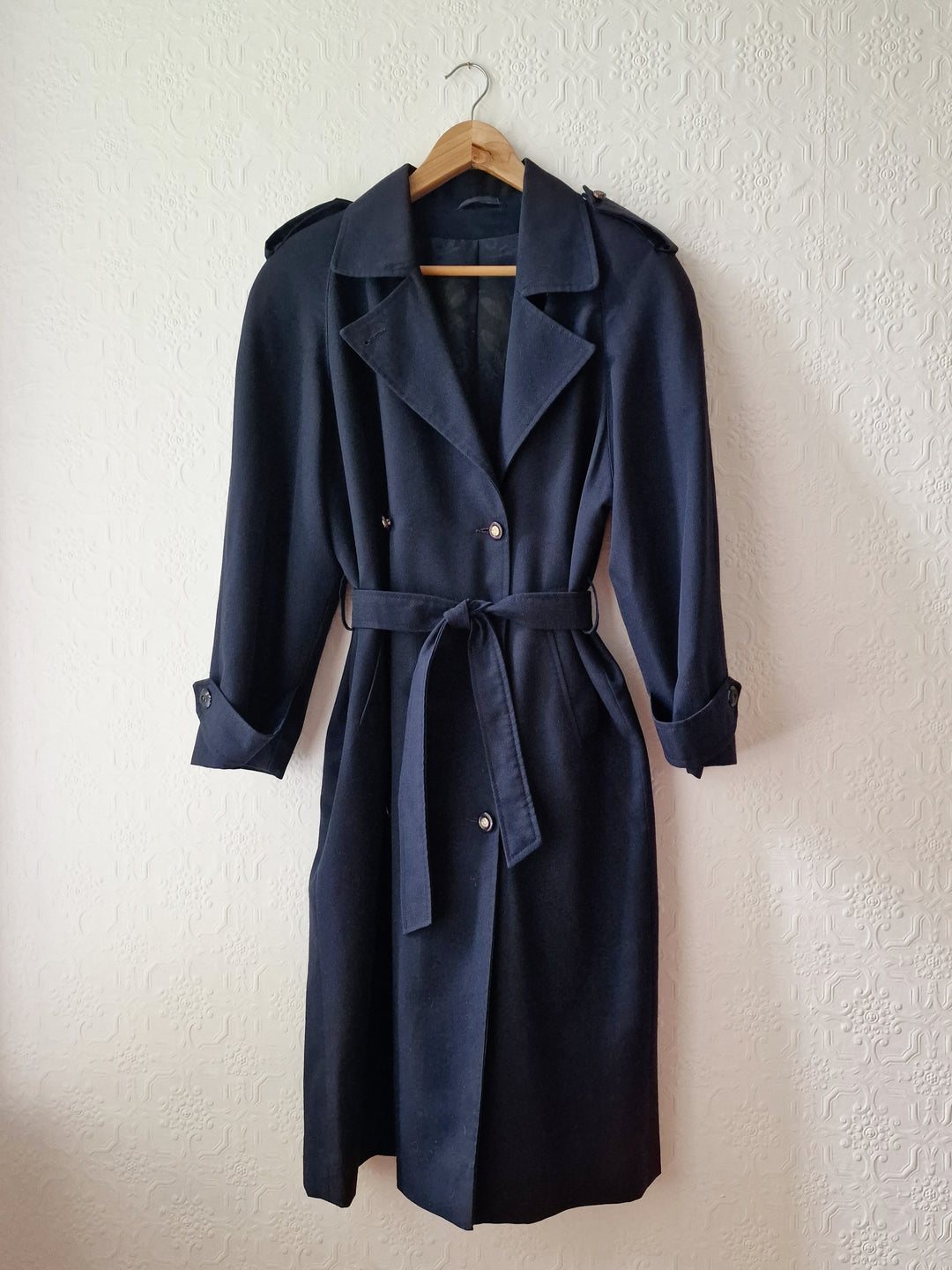 Vintage Dark Navy Blue Double Breasted Trench Coat with Belt - L