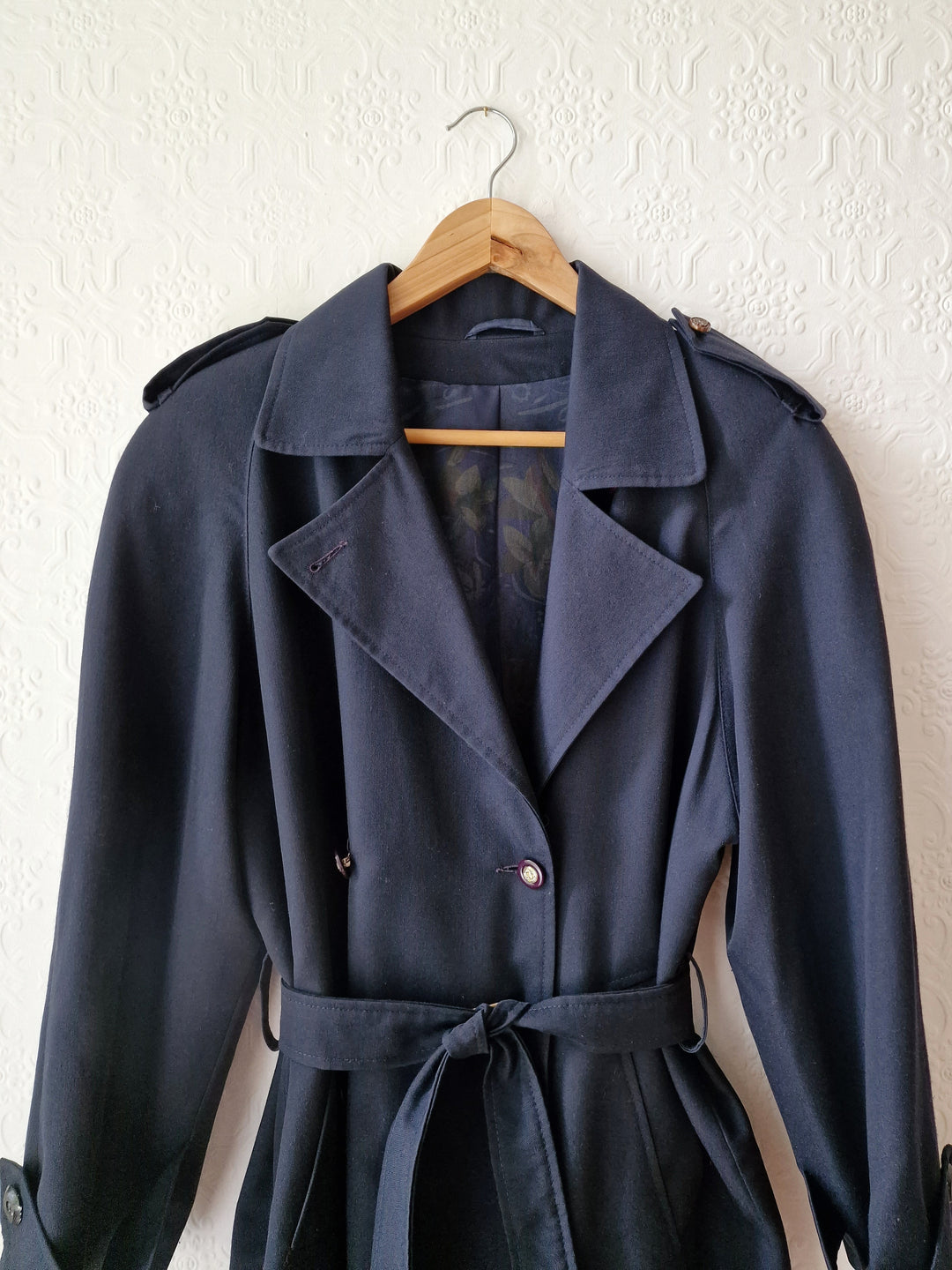 Vintage Dark Navy Blue Double Breasted Trench Coat with Belt - L