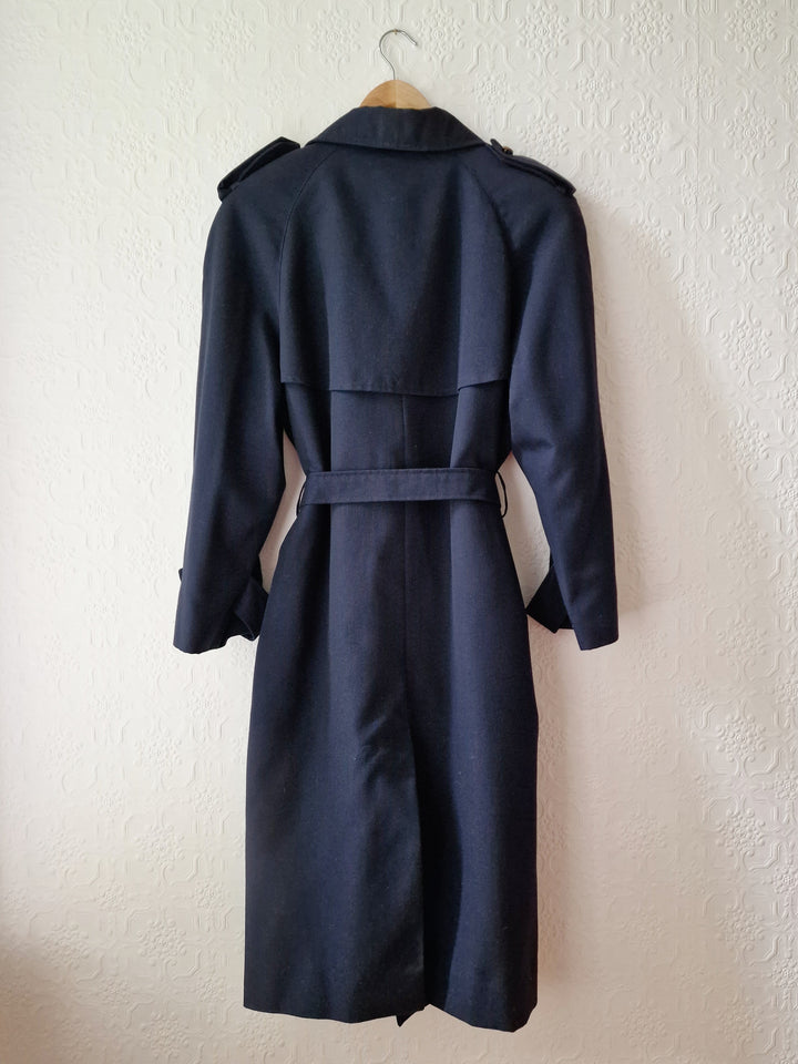 Vintage Dark Navy Blue Double Breasted Trench Coat with Belt - L