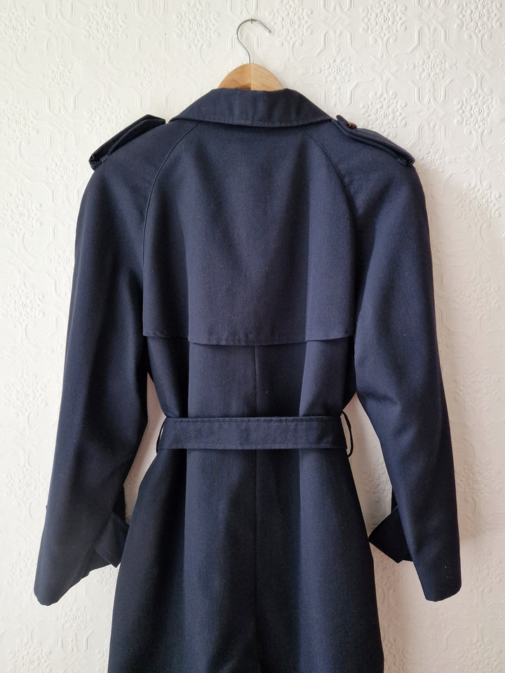 Vintage Dark Navy Blue Double Breasted Trench Coat with Belt - L