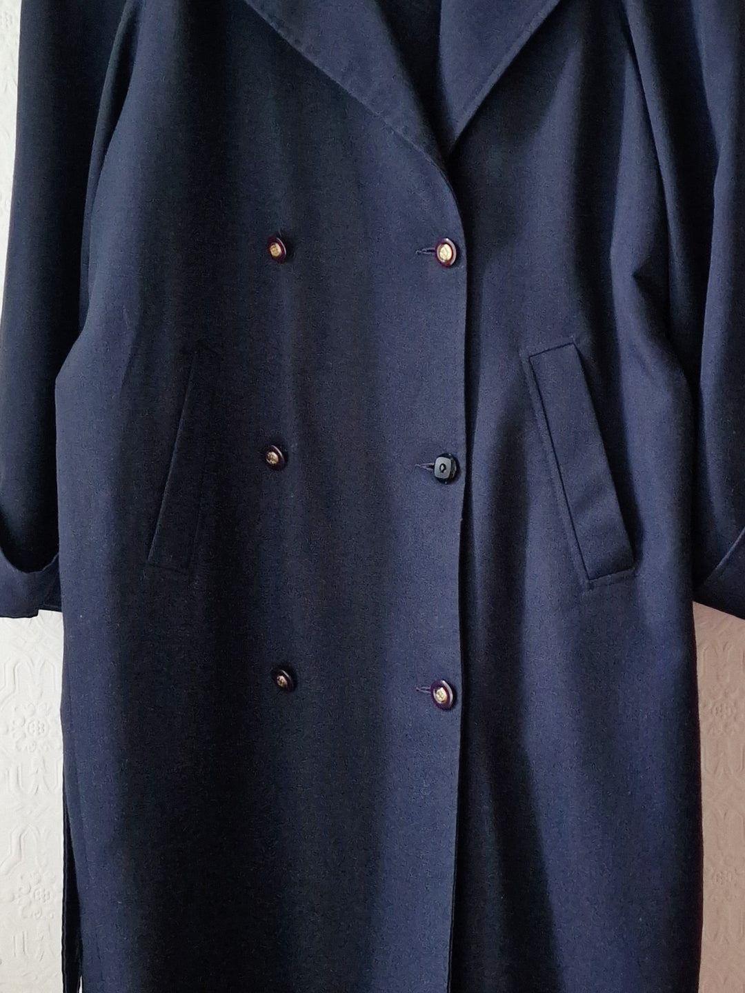 Vintage Dark Navy Blue Double Breasted Trench Coat with Belt - L