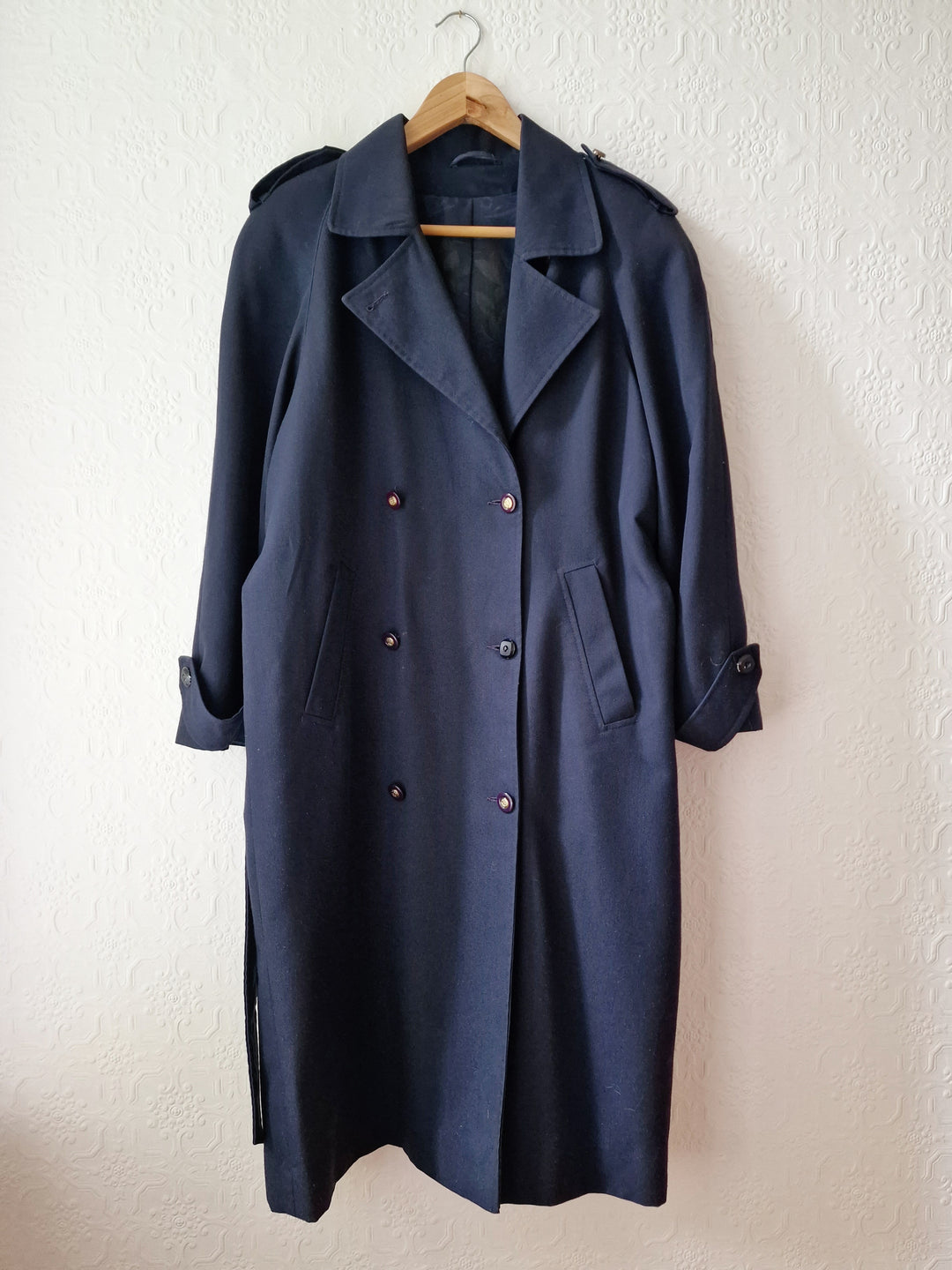 Vintage Dark Navy Blue Double Breasted Trench Coat with Belt - L