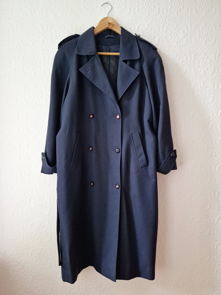 Vintage Dark Navy Blue Double Breasted Trench Coat with Belt - L