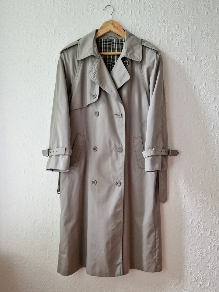 Vintage Light Grey Double Breasted Trench Coat with Belt - M