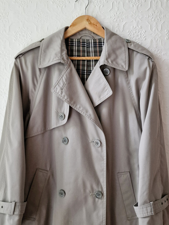 Vintage Light Grey Double Breasted Trench Coat with Belt - M