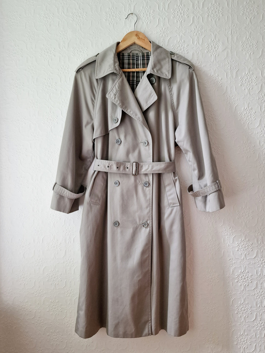 Vintage Light Grey Double Breasted Trench Coat with Belt - M