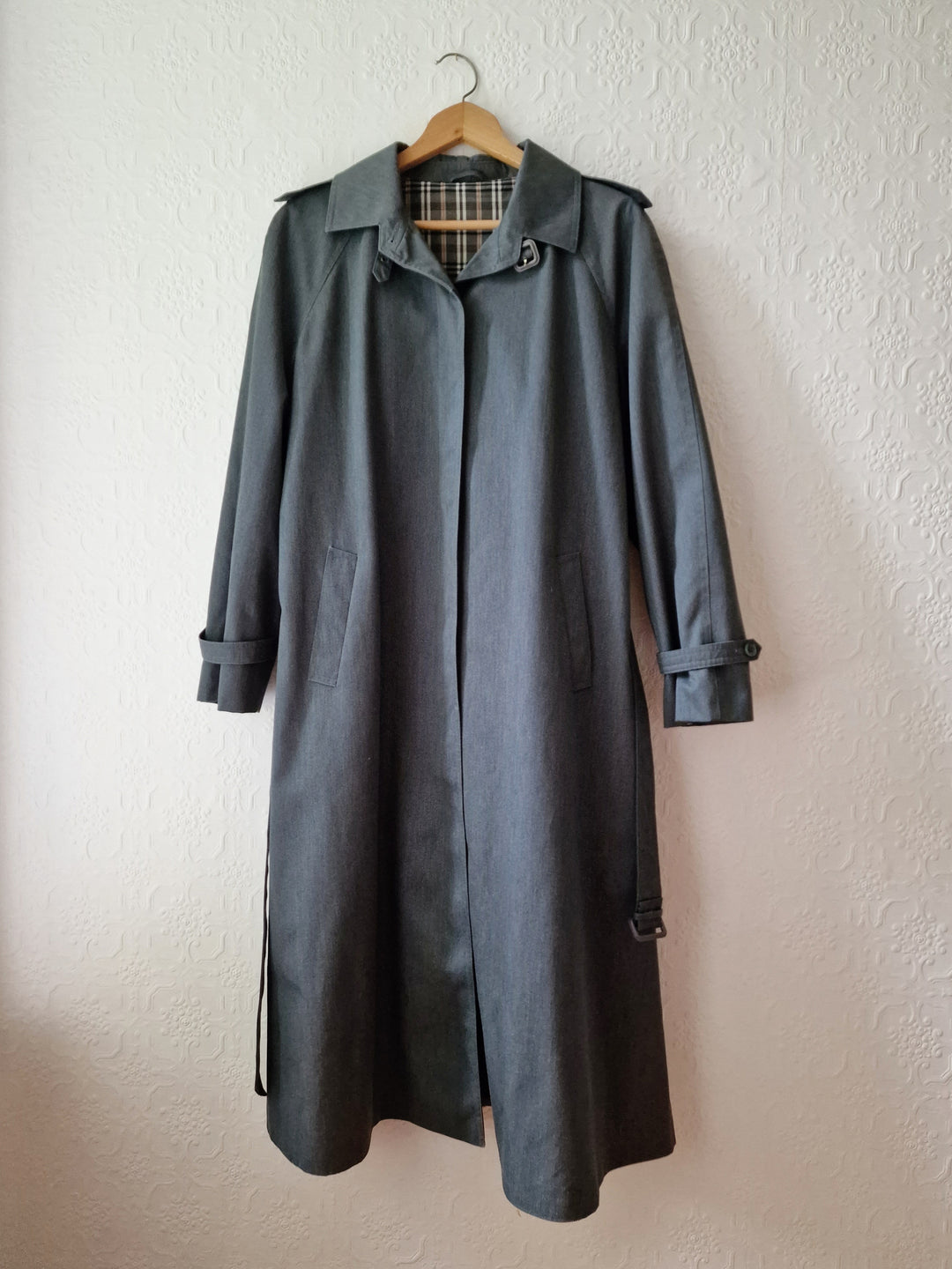 Vintage Dark Green Denim Effect Single Breasted Trench Coat with Belt - L