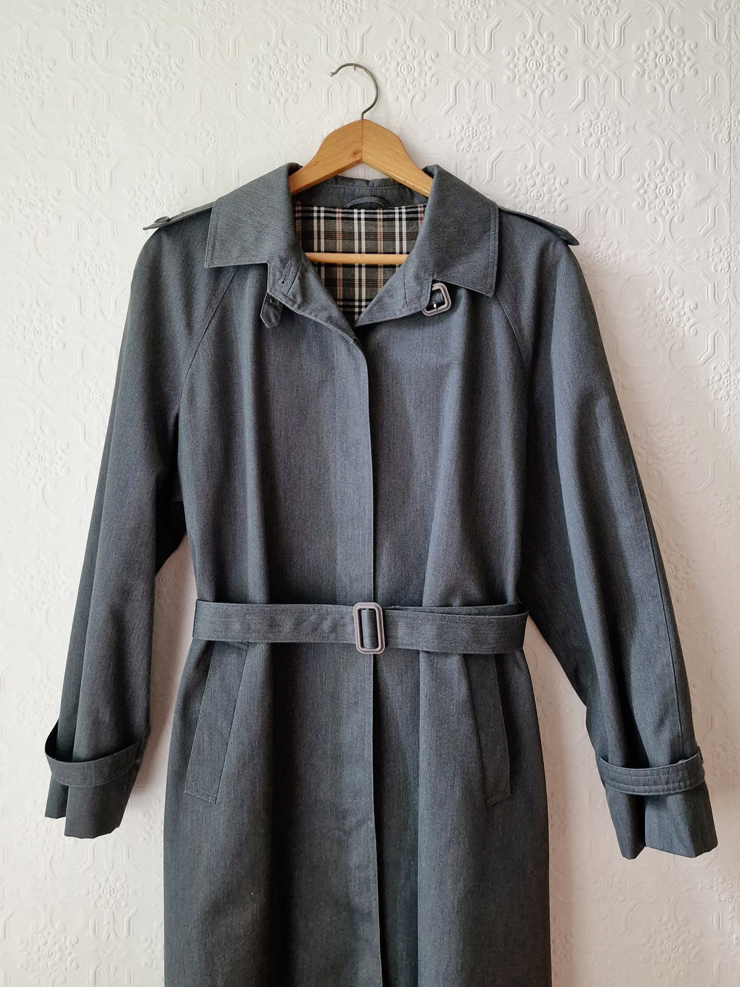 Vintage Dark Green Denim Effect Single Breasted Trench Coat with Belt - L