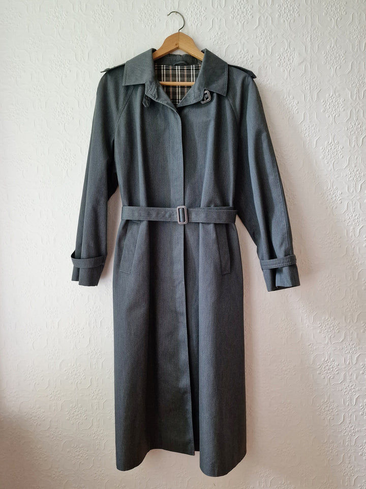 Vintage Dark Green Denim Effect Single Breasted Trench Coat with Belt - L