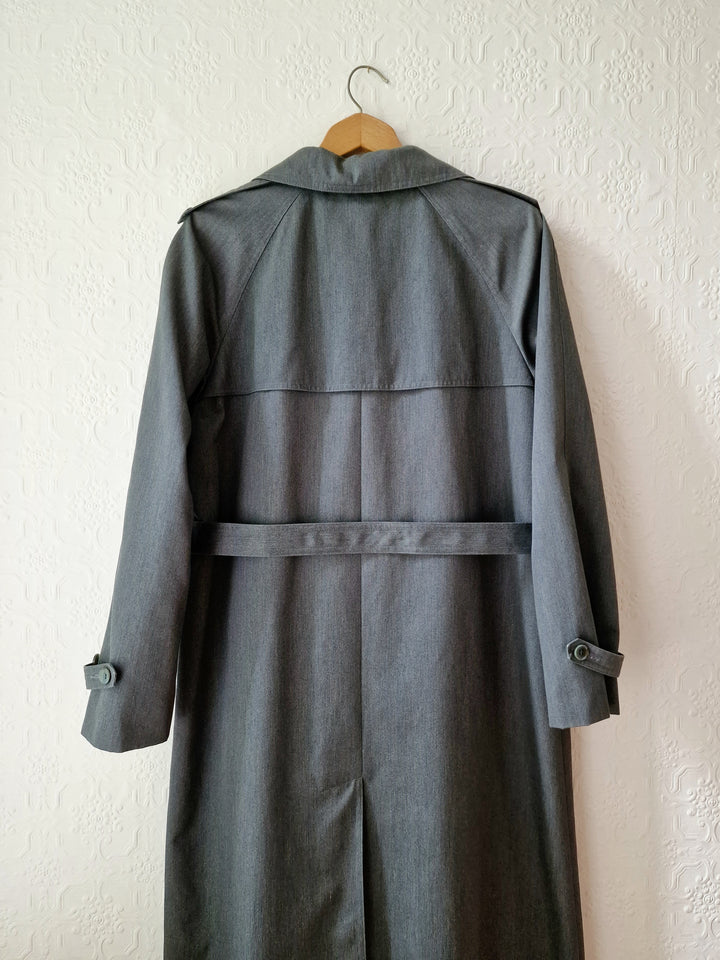 Vintage Dark Green Denim Effect Single Breasted Trench Coat with Belt - L