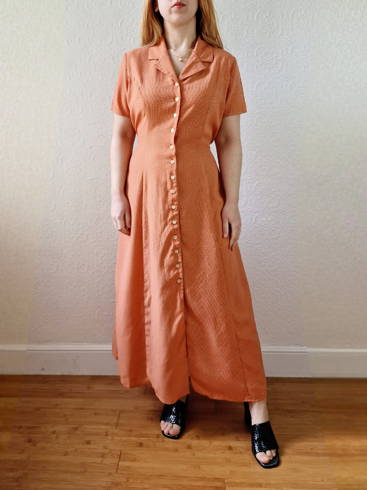 Vintage 90s Orange Gingham Short Sleeve Maxi Dress - S/M