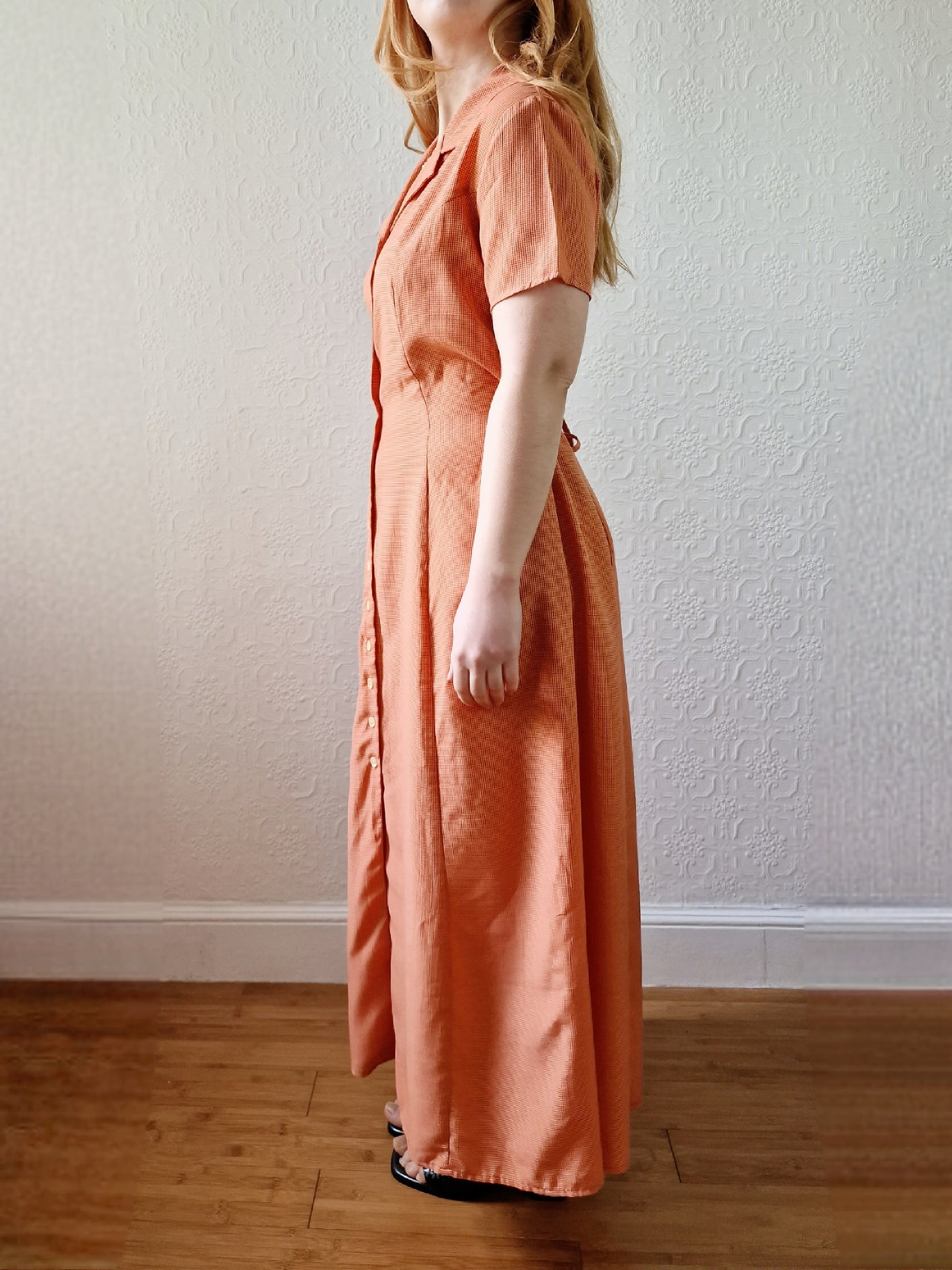 Vintage 90s Orange Gingham Short Sleeve Maxi Dress - S/M