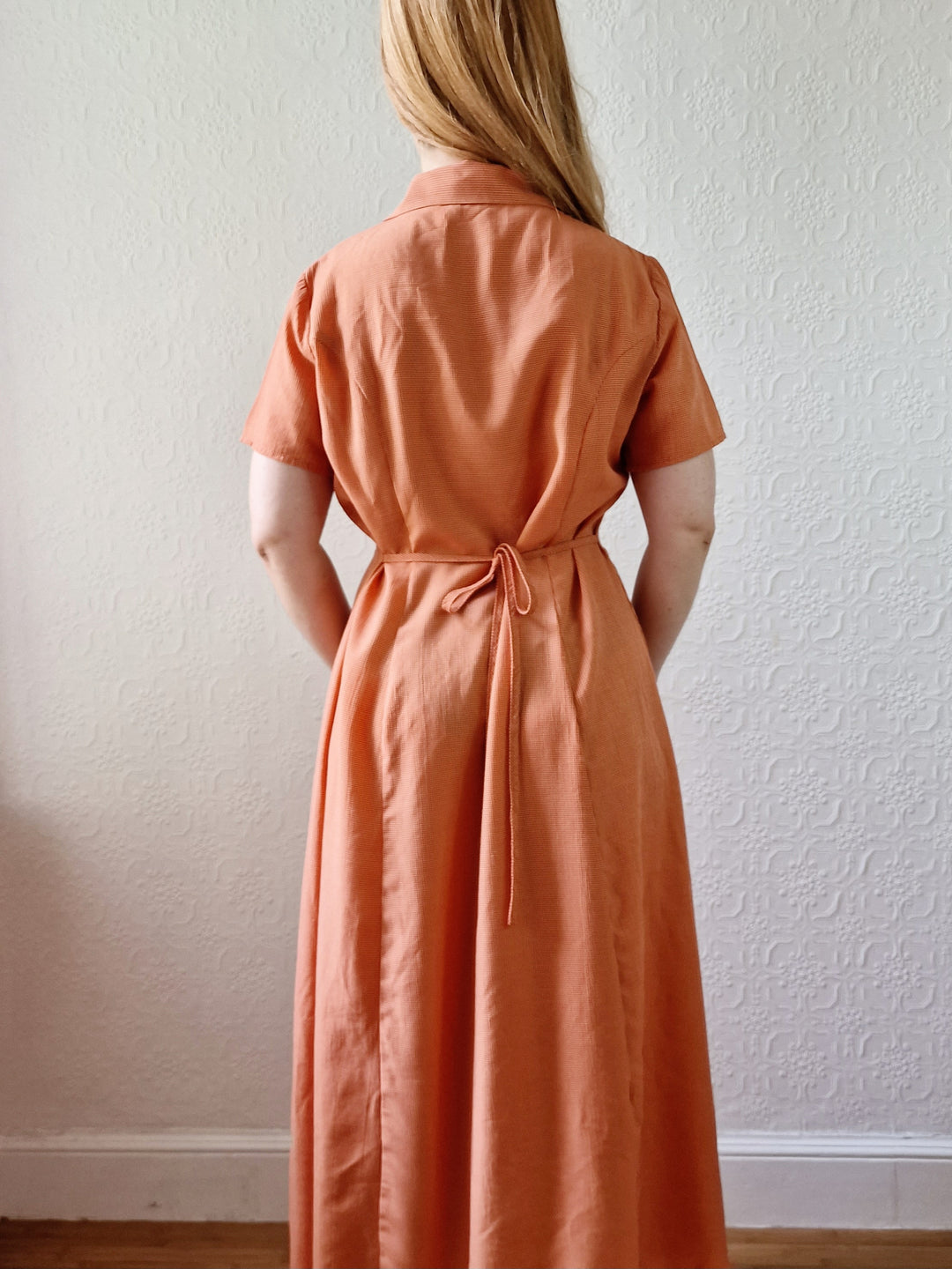 Vintage 90s Orange Gingham Short Sleeve Maxi Dress - S/M