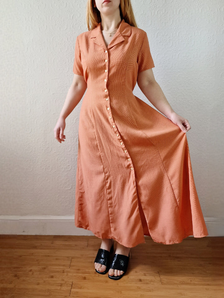 Vintage 90s Orange Gingham Short Sleeve Maxi Dress - S/M