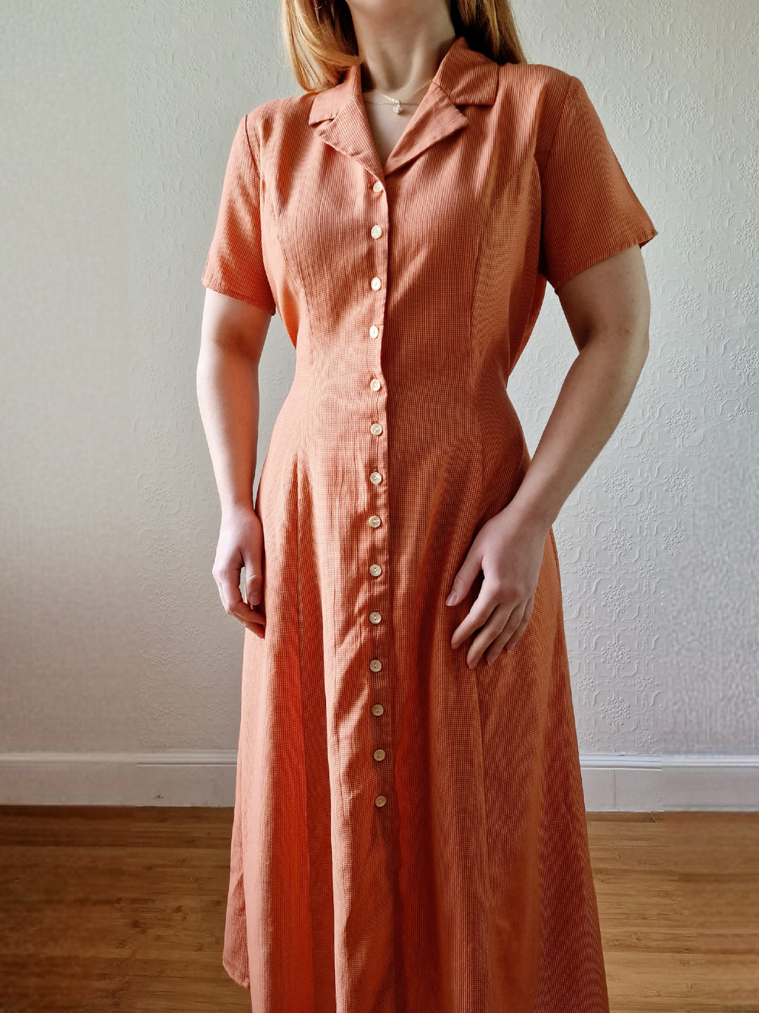 Vintage 90s Orange Gingham Short Sleeve Maxi Dress - S/M