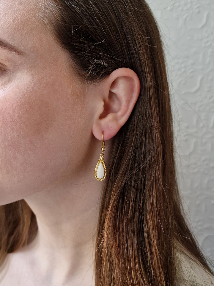 Vintage Gold Plated White Enamel Drop Earrings