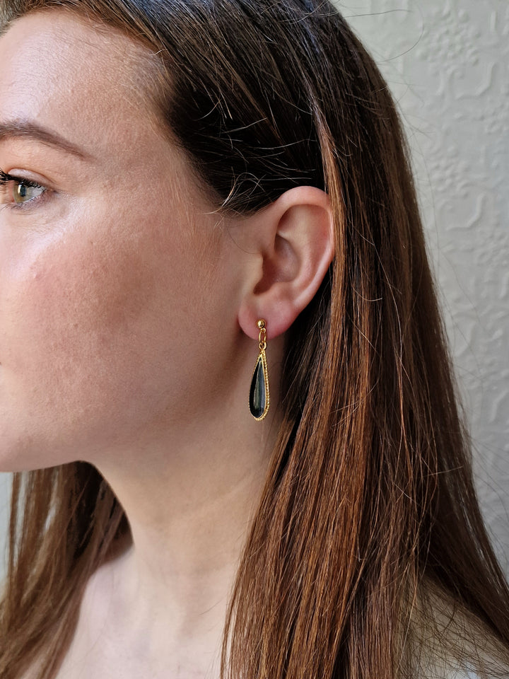 Vintage Gold Plated Black Enamel Drop Earrings