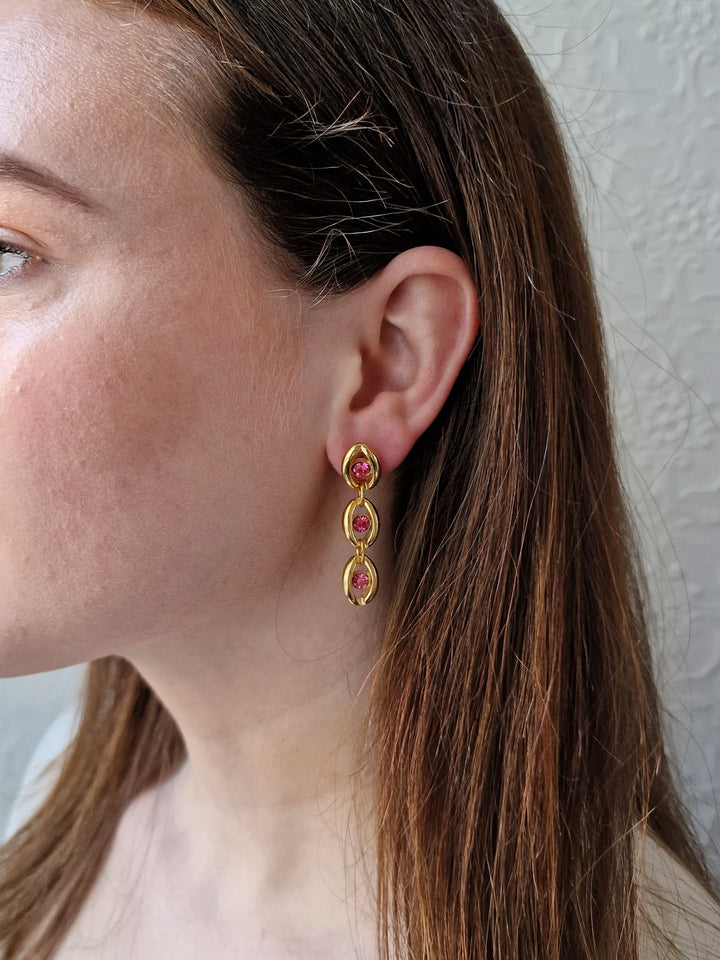 Vintage 80s Gold Plated Drop Earrings with Pink Crystals