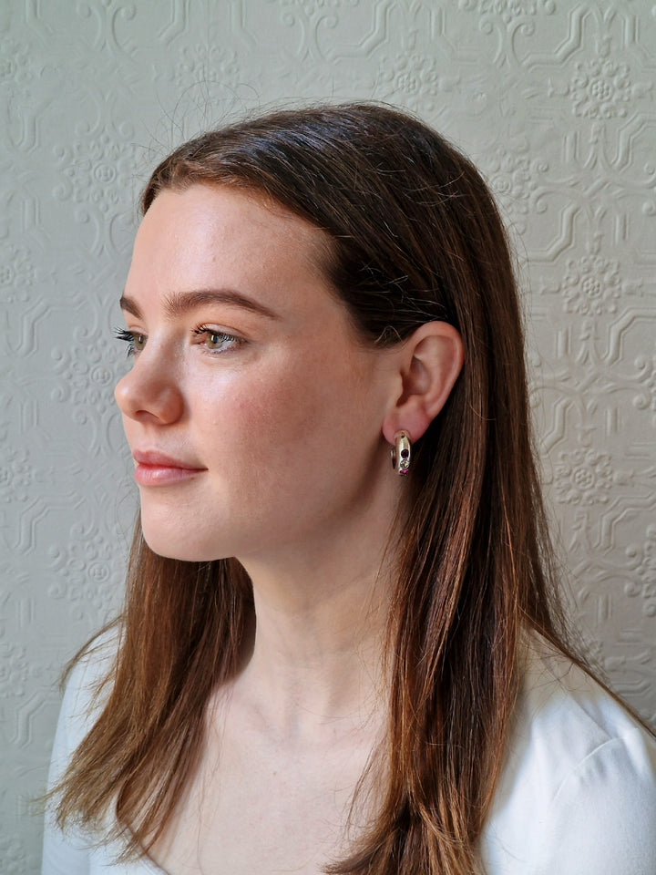 Vintage Silver Plated Hoop Stud Earrings with Purple Stones