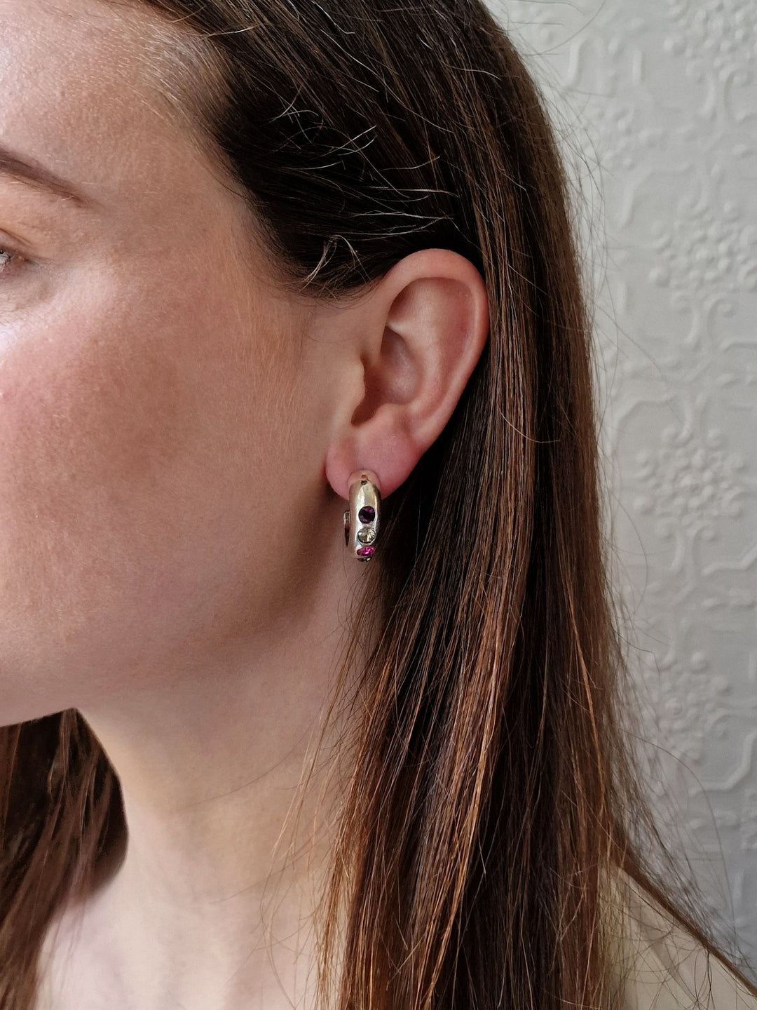 Vintage Silver Plated Hoop Stud Earrings with Purple Stones