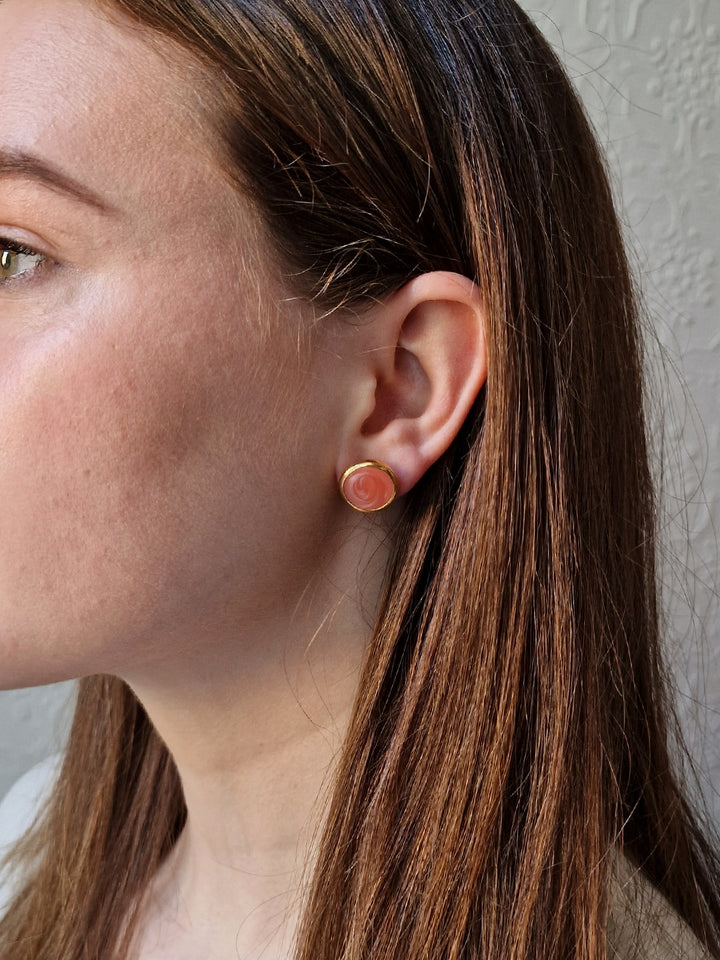 Vintage Gold Plated Pink Enamel Round Stud Earrings