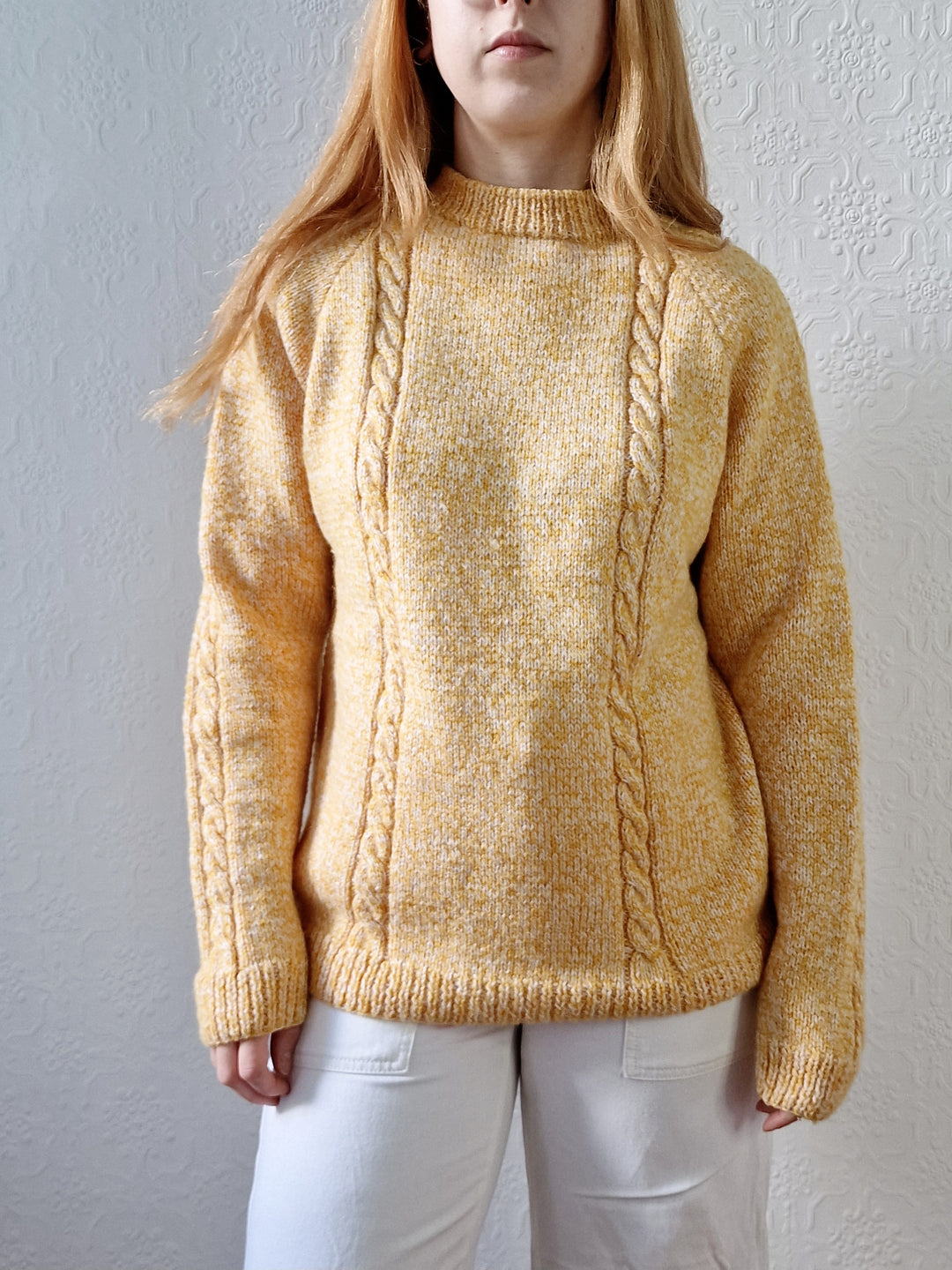 Vintage 90s Mustard Yellow Aran Style Cable Knit Jumper with Crew Neck - M