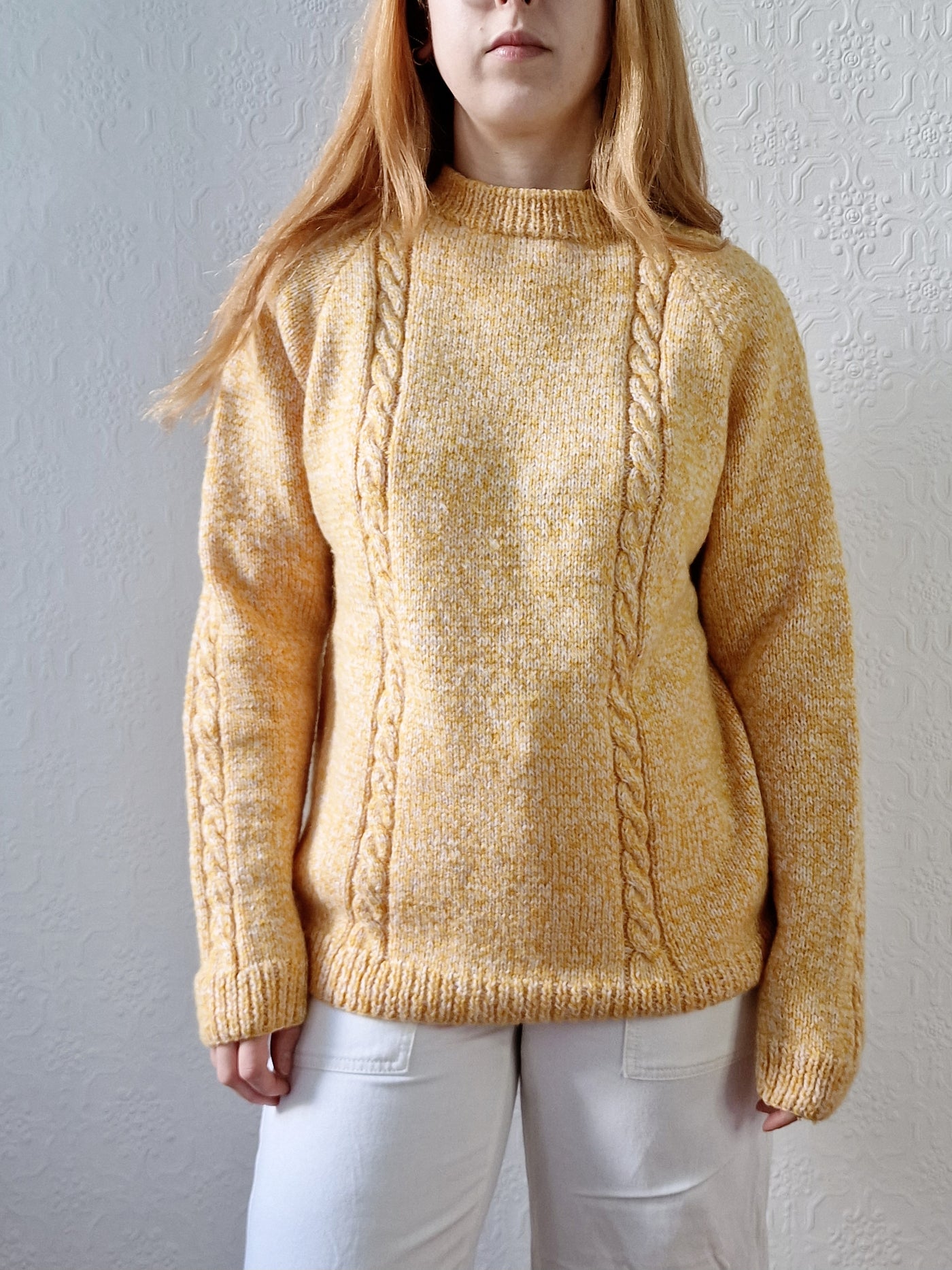 Vintage 90s Mustard Yellow Aran Style Cable Knit Jumper with Crew Neck - M