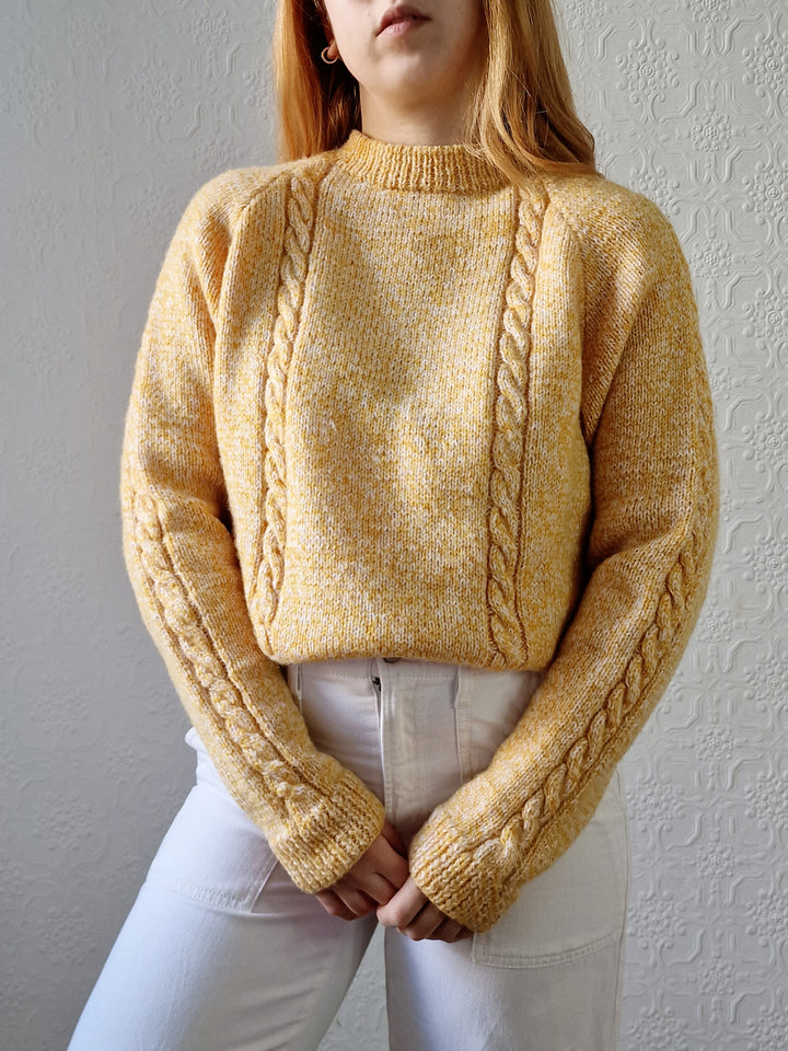 Vintage 90s Mustard Yellow Aran Style Cable Knit Jumper with Crew Neck - M