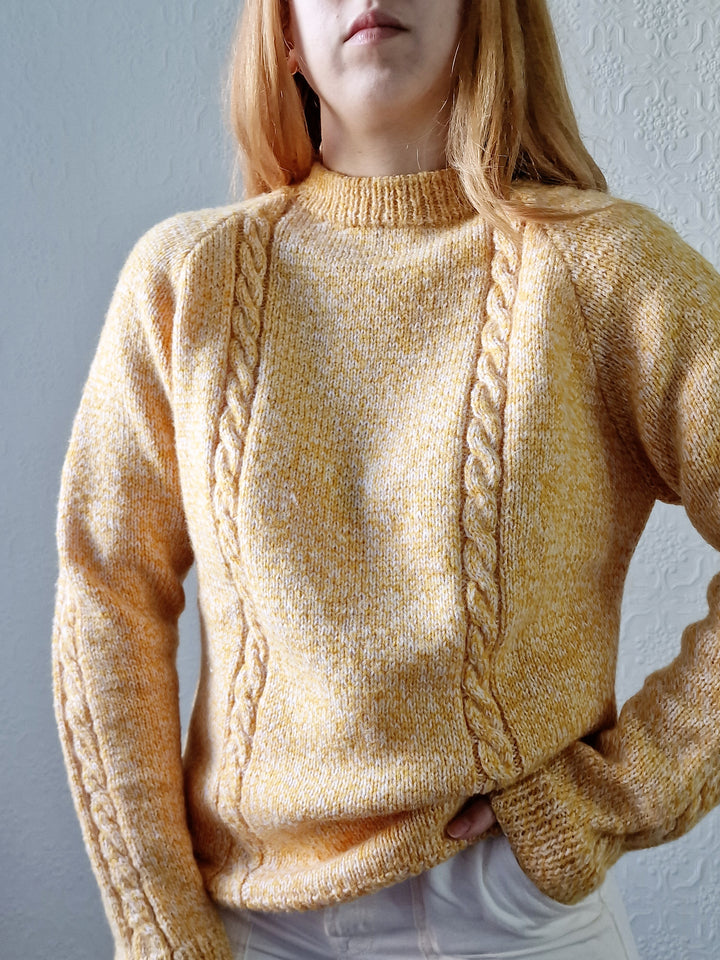 Vintage 90s Mustard Yellow Aran Style Cable Knit Jumper with Crew Neck - M