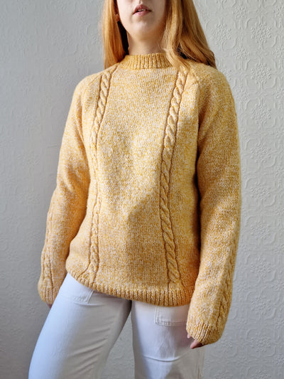Vintage 90s Mustard Yellow Aran Style Cable Knit Jumper with Crew Neck - M