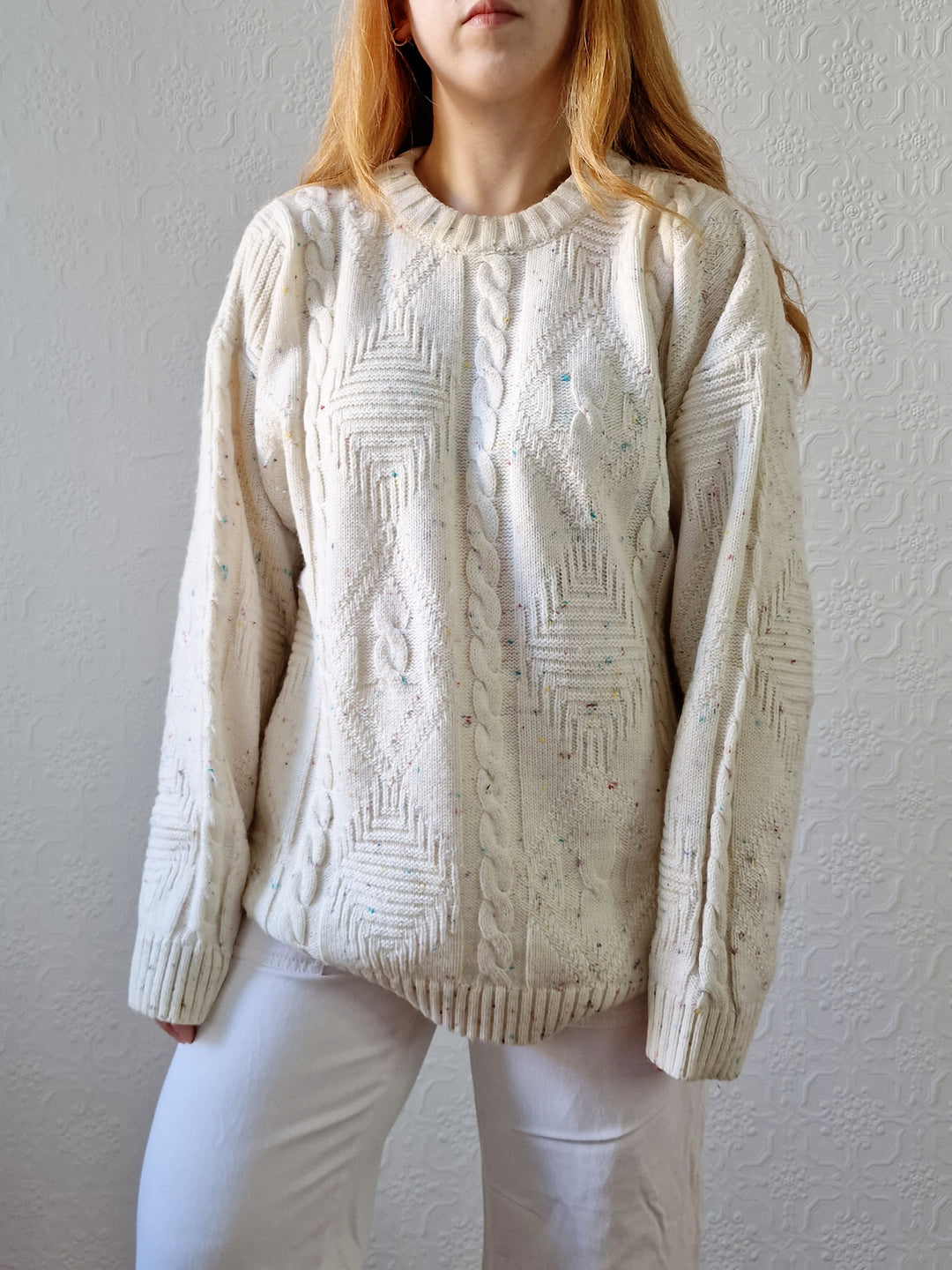 Vintage 90s Cream Aran Style Cable Knit Jumper with Multicolour Flecks - M